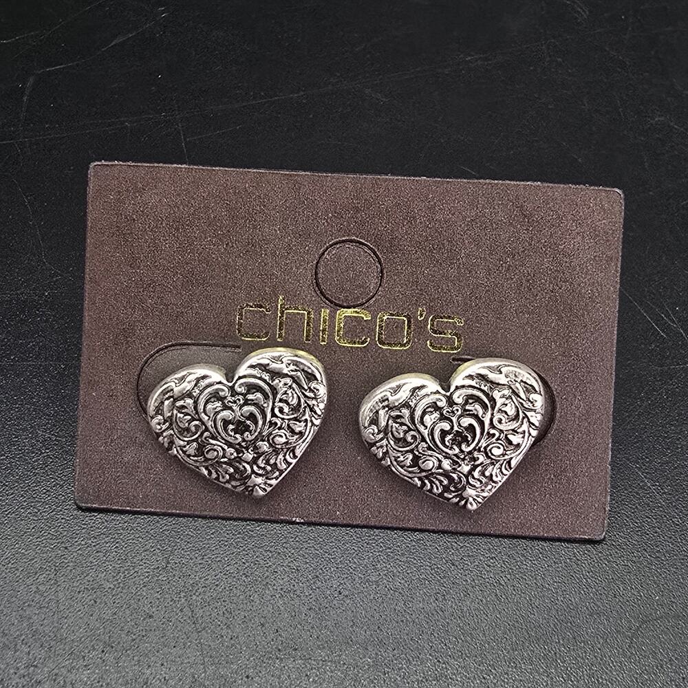 Chico's Silver Tone Heart Stud Earrings NWT On Card